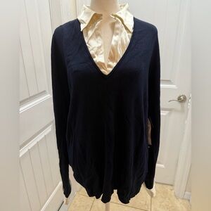 Lauren Ralph Lauren Cashmere NavyV-Neck Sweater with Silk Cream Collar and Cuffs